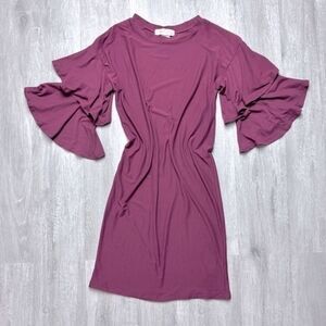 Women's Size XS NWT Burgundy Red 3/4 Ruffle Flutter Bell Sleeve Dress New